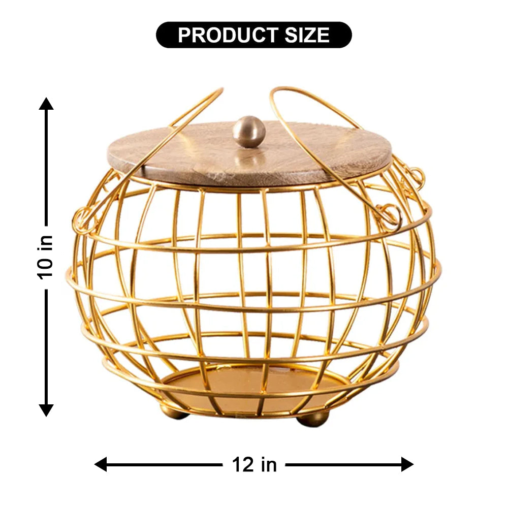 Golden Multipurpose Basket with Wooden Lid & Handles by Matrix