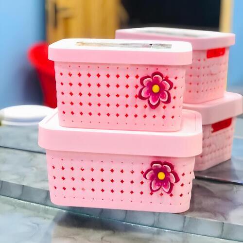 Decorative Plastic Storage Baskets with Lid and Handles (Pack of 2)