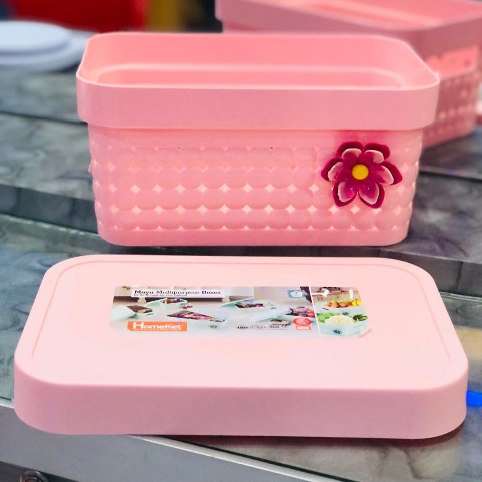 Decorative Plastic Storage Baskets with Lid and Handles (Pack of 2)