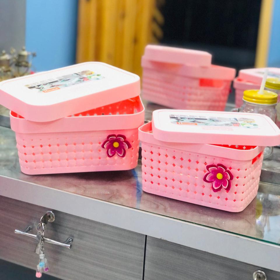 Decorative Plastic Storage Baskets with Lid and Handles (Pack of 2)
