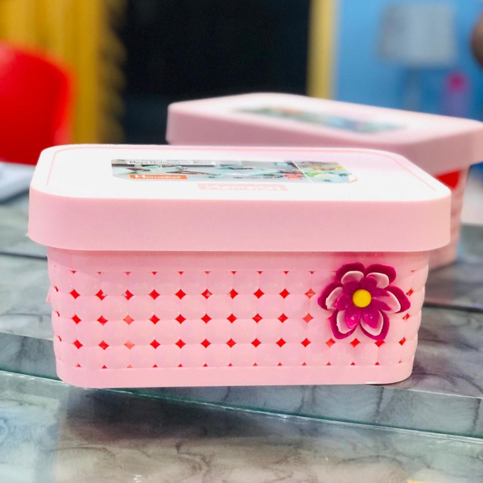 Decorative Plastic Storage Baskets with Lid and Handles (Pack of 2)