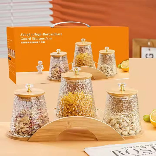 Decorative Bridge-Design Jar Trio with Natural Wooden Stand