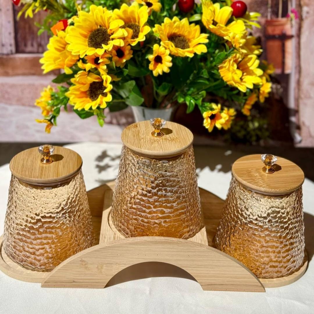 Decorative Bridge-Design Jar Trio with Natural Wooden Stand