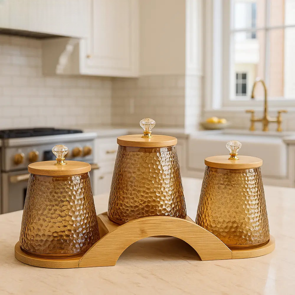 Decorative Bridge-Design Jar Trio with Natural Wooden Stand